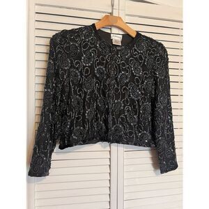 STENAY Women's Size PM Medium Petite Shirt Blouse SILK Beaded‎ VINTAGE Cardigan